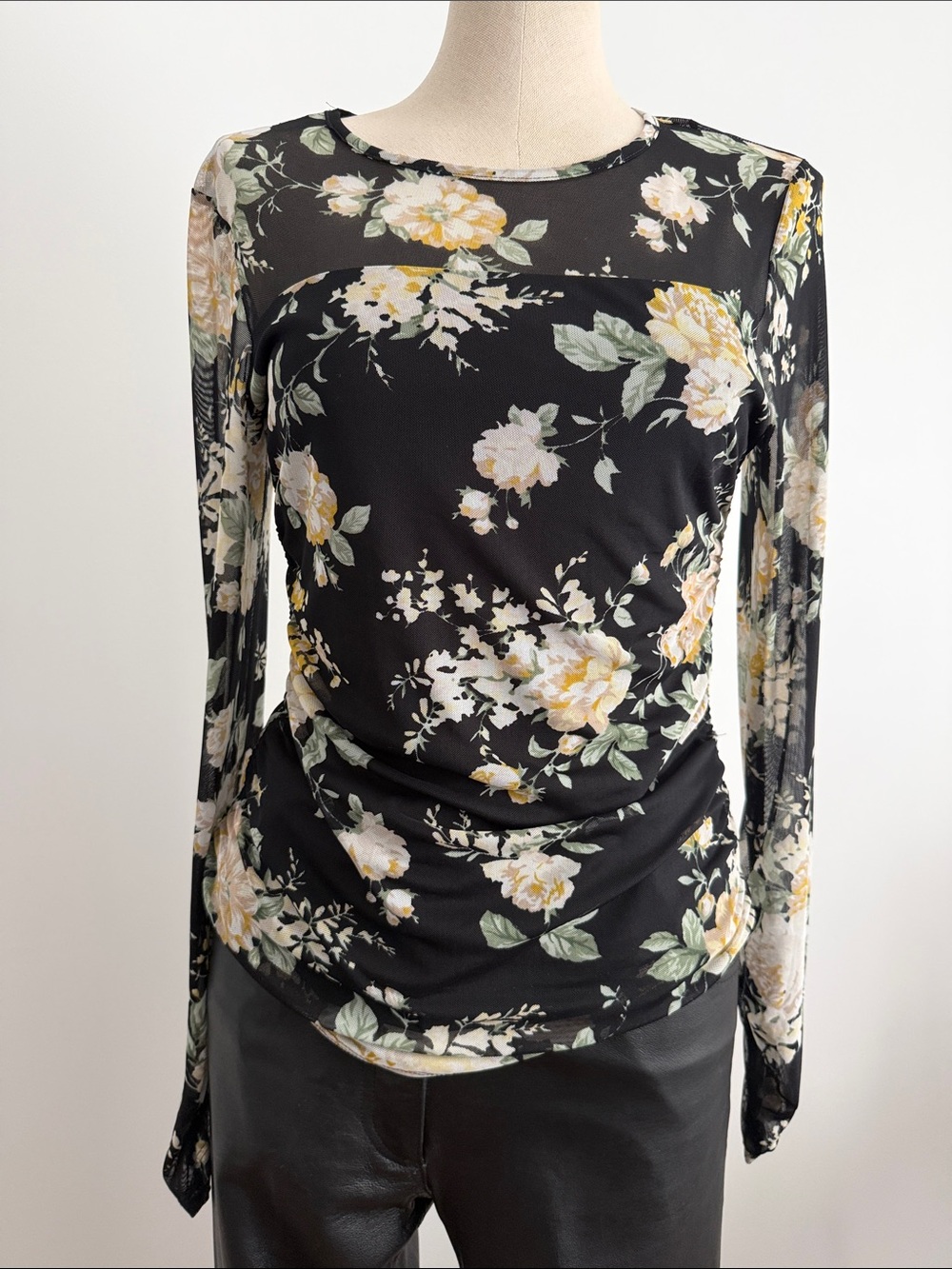 Suzy Shier Black Floral Long-Sleeve Mesh Top with Yellow & Cream Flowers